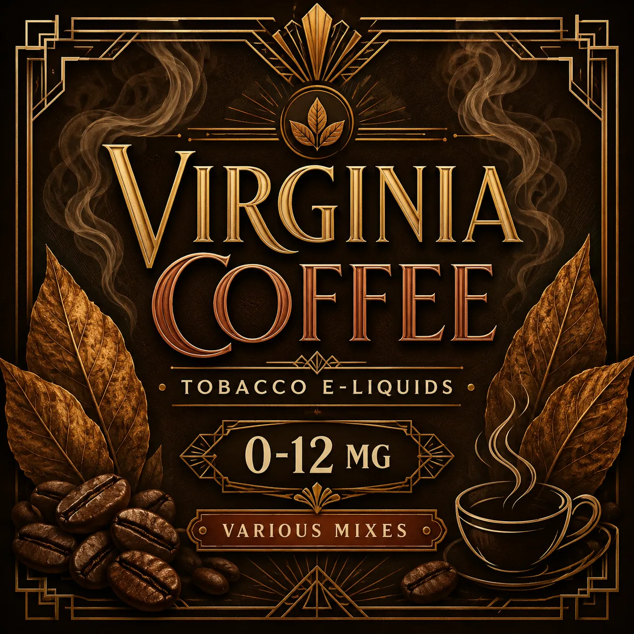 Virginia Coffee Tobacco E-Liquid – Rich, Smooth Tobacco Blend Virginia Coffee Tobacco E-Liquid product artwork featuring smooth Virginia tobacco and roasted coffee flavour