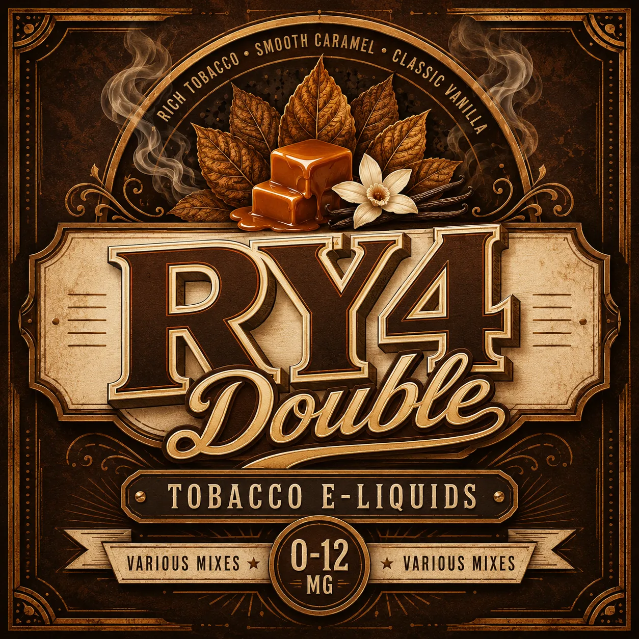 Just RY4 Tobacco E-Liquid – Smooth Caramel Tobacco Blend Just RY4 Tobacco E-Liquid product artwork featuring smooth tobacco, caramel and vanilla flavour notes